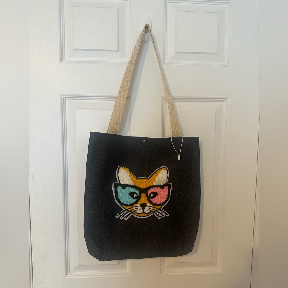 Cat Face Black denim Tote Bag with Tan Straps